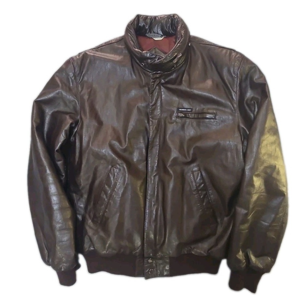 Vtg 80s Members Only Leather Jacket Mens 44 XL Brown Europe Craft Rainbow Tag